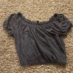 American Eagle Outfitters Gray Puff Sleeve Smocked Crop Blouse